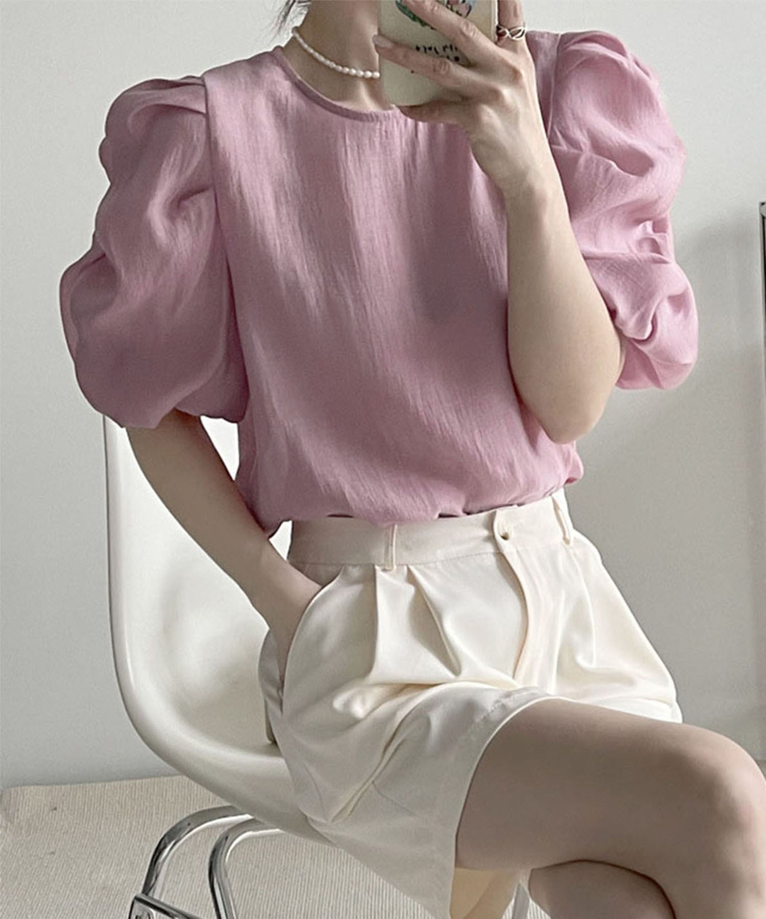 【 5color 】シャーリングパフスリーブグロッシーシアーブラウス