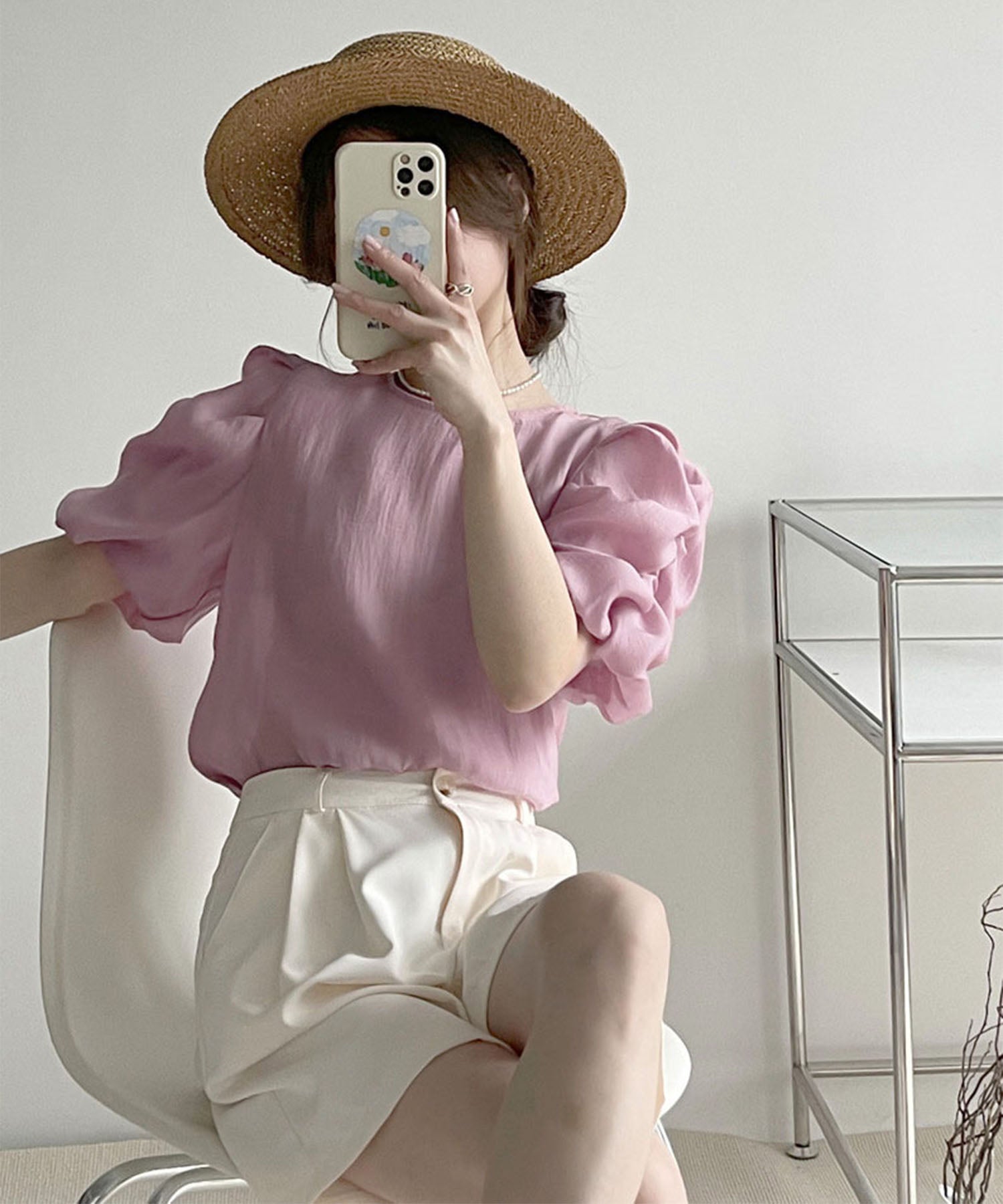 【 5color 】シャーリングパフスリーブグロッシーシアーブラウス