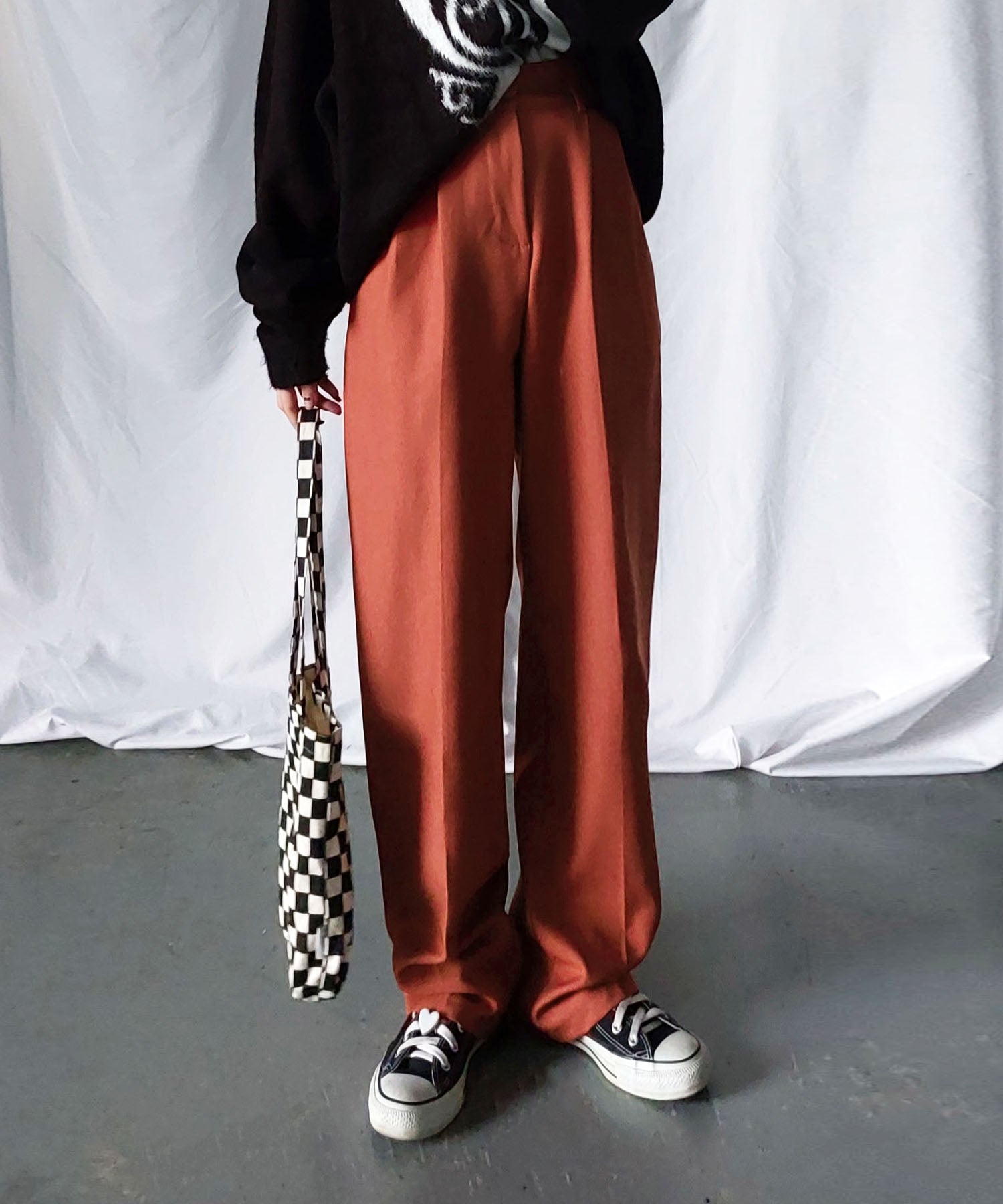 【 秋冬素材で新登場! 】太ベルトハイウエストウールライクカラータックスラックス