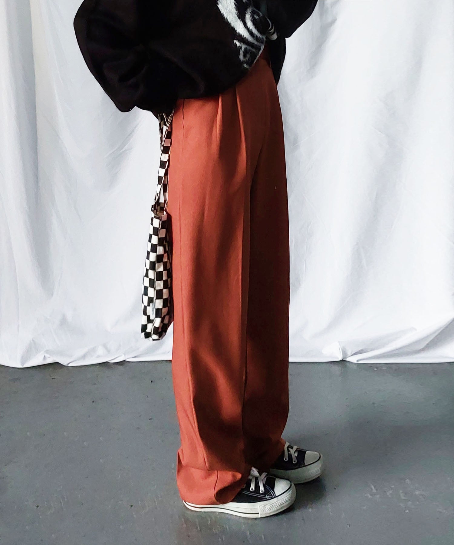 【 秋冬素材で新登場! 】太ベルトハイウエストウールライクカラータックスラックス