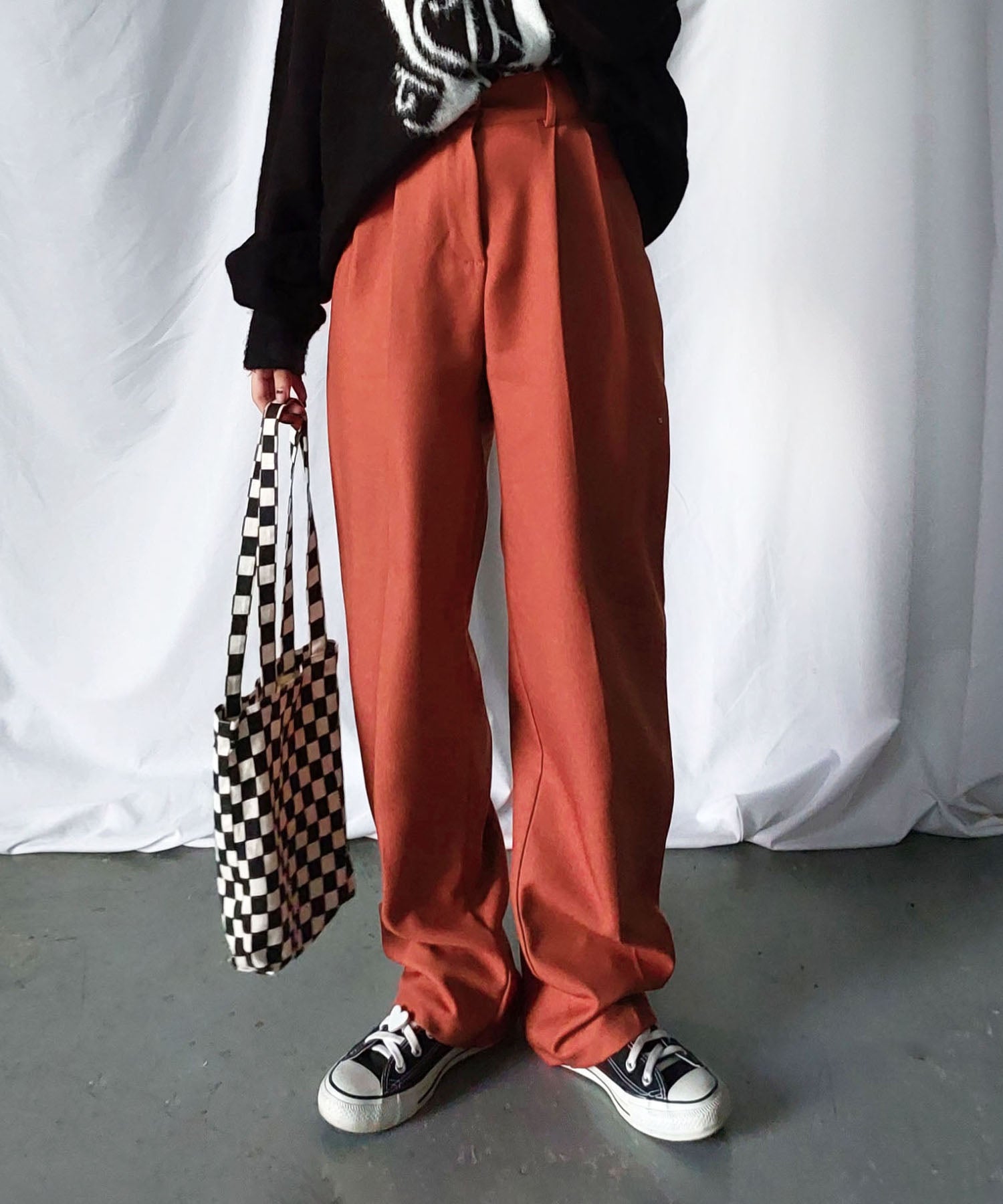 【 秋冬素材で新登場! 】太ベルトハイウエストウールライクカラータックスラックス