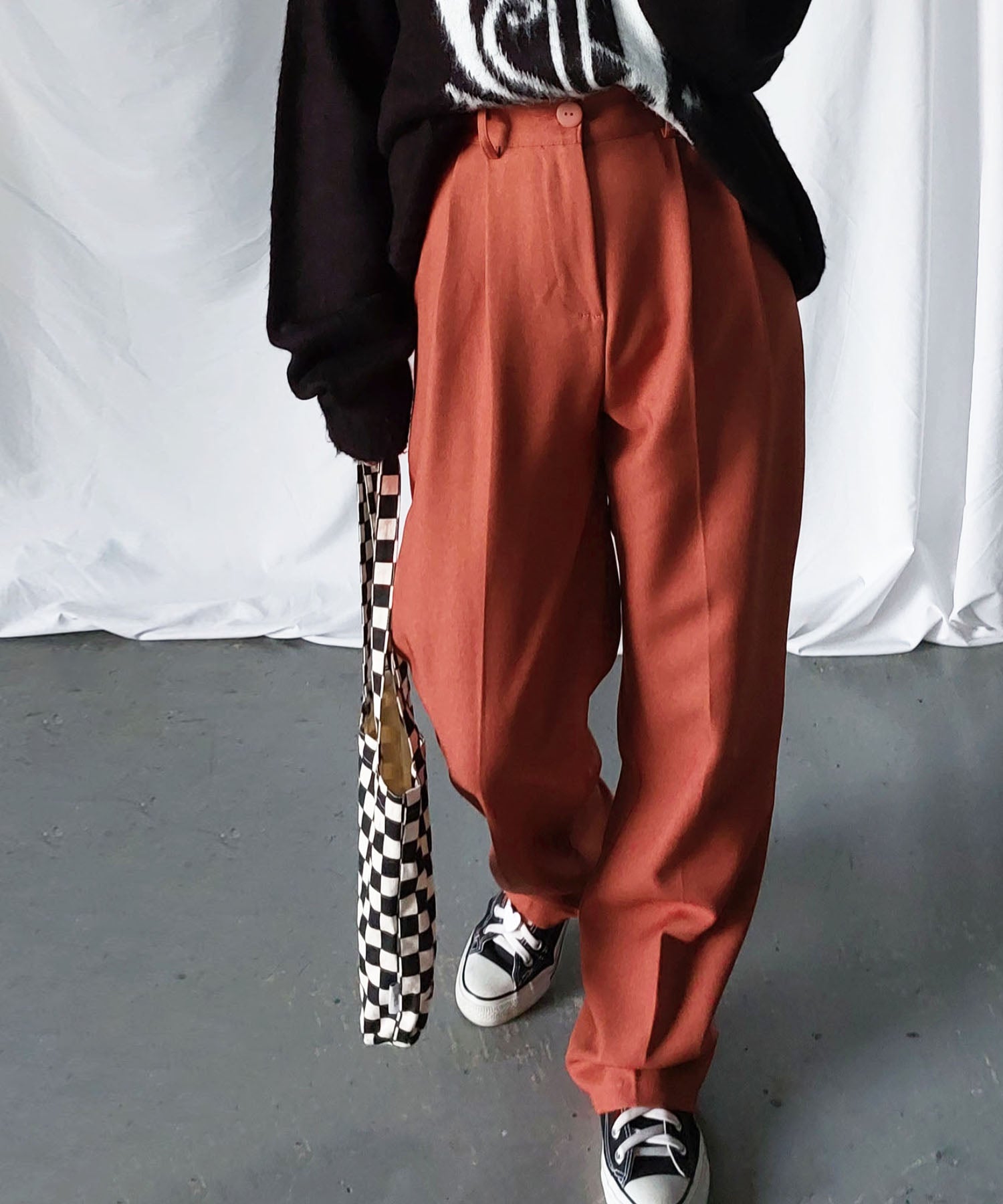 【 秋冬素材で新登場! 】太ベルトハイウエストウールライクカラータックスラックス