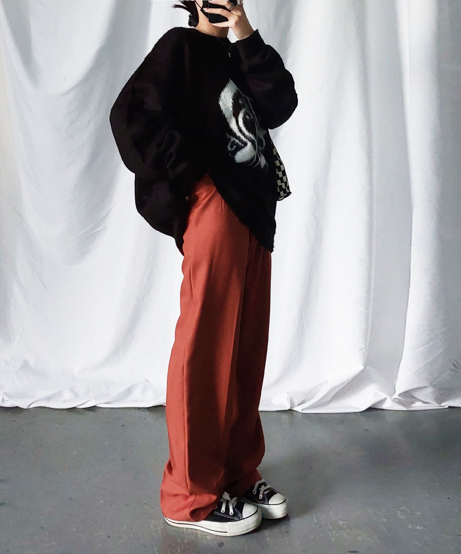 【 秋冬素材で新登場! 】太ベルトハイウエストウールライクカラータックスラックス