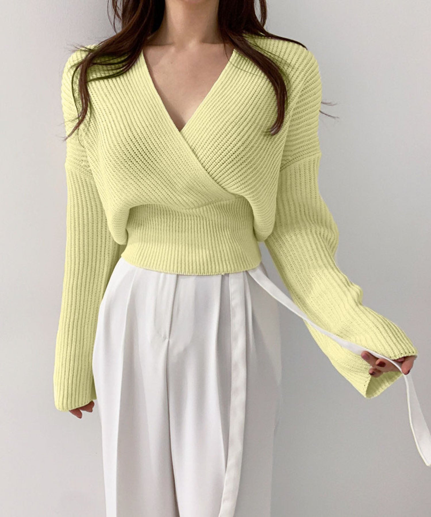 【 5color 】ウエストリブカシュクールショートニット
