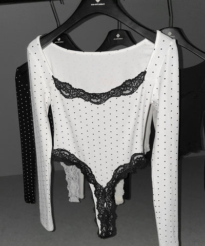 ドットカットアウトレースポイントボディスーツトップス ／dot cutout lace point bodysuit tops