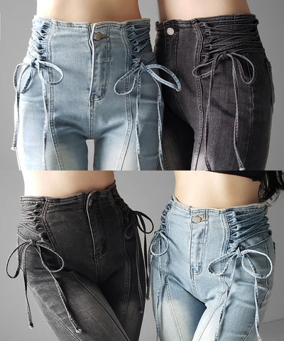 サイドレースアップリボン美脚ストレッチフレアデニム ／ side laceup ribbon slim leg stretch flare denim