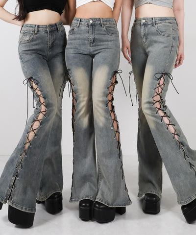 レースアップカットアウトストレッチフレアデニム ／ lace up cutout stretch flare denim