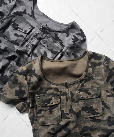 ヴィンテージカモフラアウトポケットジップ半袖Tシャツ ／ vintage camouflage out pocket zip short sleeve T-shirt