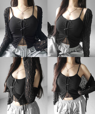 フロントリボンレースレイヤードリブキャミソール ／Front ribbon lace layered ribbed camisole