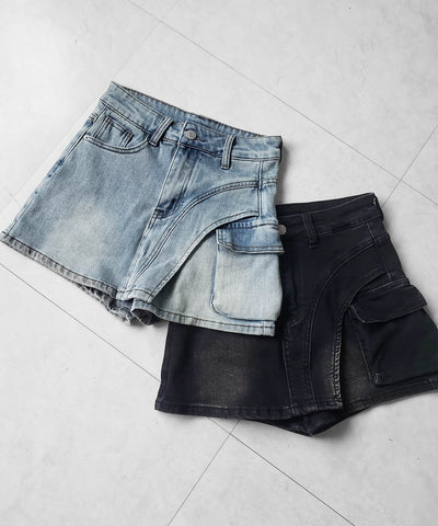 カーゴポケットレイヤードデニムミニスカパン ／ cargo pocket layered denim mini skirt pants