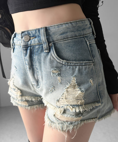 クラッシュダメージダブルフリンジデニムショートパンツ／crash damage double fringe denim short pants
