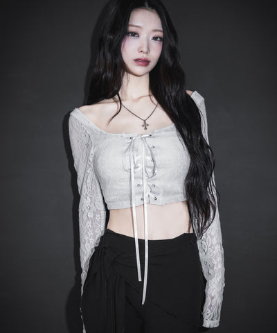 【 ２color 】レースアップコルセットリボンショートレーストップス ／ laceup corset ribbon short lace tops