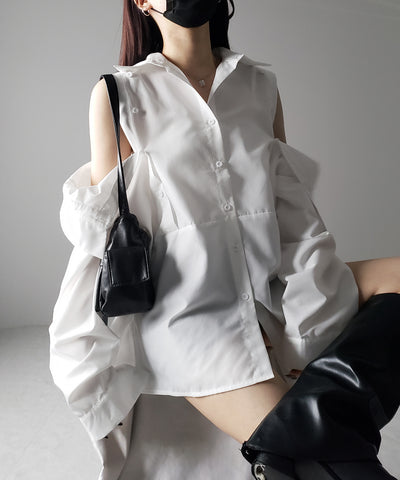 【 ３color 】オープンショルダーカットアウトビッグシャツ ／ open shoulder cutout big shirt