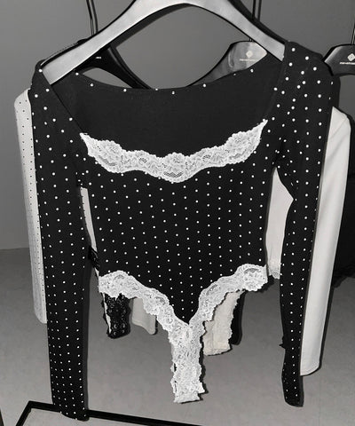 ドットカットアウトレースポイントボディスーツトップス ／dot cutout lace point bodysuit tops