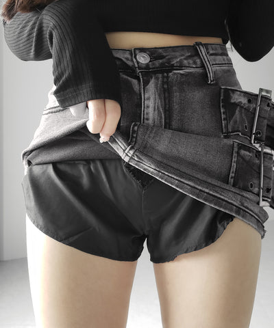【 インパン裏地付 】ダブルハトメベルトヴィンテージデニムミニスカート ／ Double eyelet belt vintage denim mini skirt