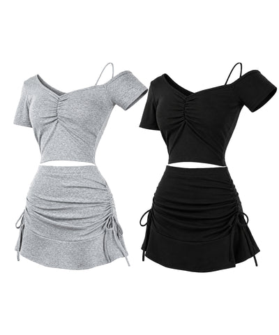 ワンショルギャザートップス ＋ シャーリングリボンスカート SETUP ／ ( SETUP ) one shoulder gather tops + shirring ribbon skirt SET