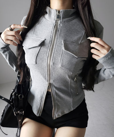 アウトポケットダブルジップスリムリブトップス ／ out pocket double zip slim ribbed tops
