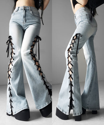 サテンリボンレースアップカットアウトストレッチフレアデニム ／ satin ribbon laceup cutout stretch flare denim