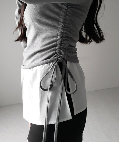 【 ２color ／ ２WAY 】シャツドッキングサイドリボンワンショルトップス ／shirt docking side ribbon oneshoulder tops