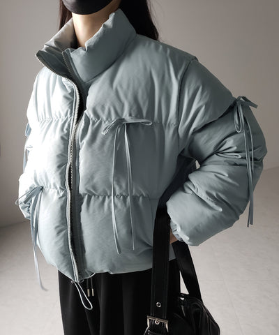 【 選べる３色展開 ／ 裾絞り可能２WAY 】ストラップリボンショートパフダウンジャケット ／ strap ribbon short puff down jacket
