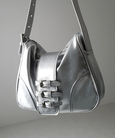 【 ３color 】ベルテッドフェイクレザーショルダーバッグ ／ belted fake leather shoulder bag