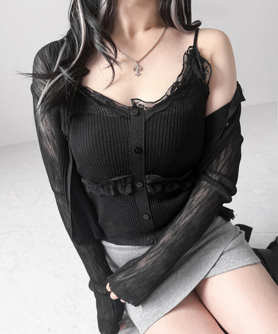 【 2点セット 】フロントレースシアーニットキャミソール ＋カーディガン SET / front lace sheer knit camisole + cardigan set