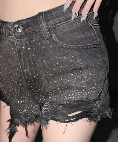 ラインストーンクラッシュダメージデニムショートパンツ／Rhinestone crash damage denim short pants