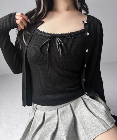 【 ２点セット 】リボンリブニットキャミソール ＋ カーディガンセット / ribbon rib knit camisole + cardigan set