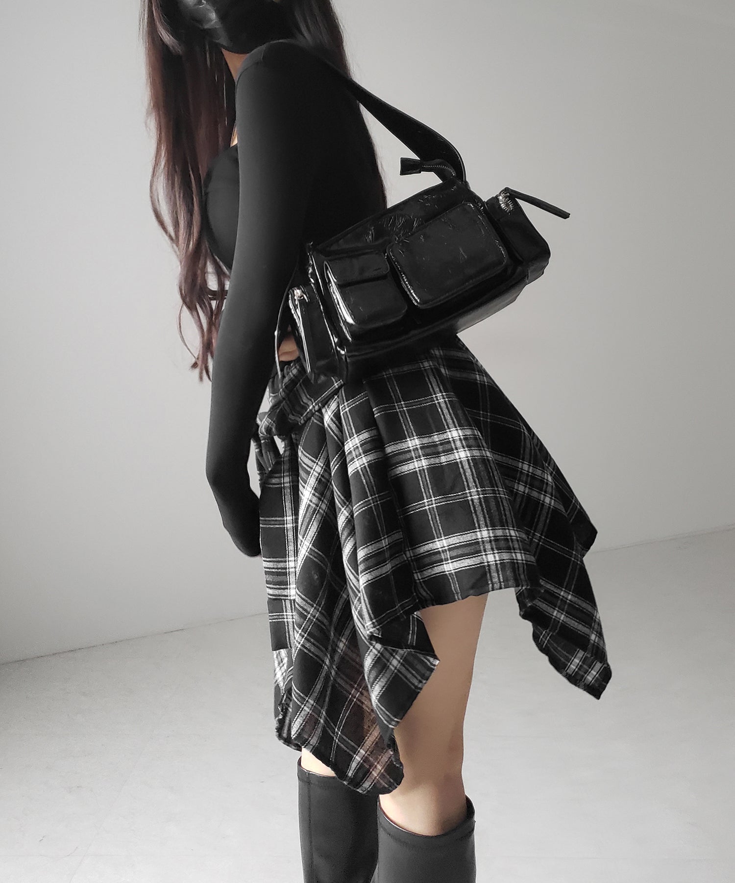 【 選べる２素材／インナーパンツ裏地付 】シャツレイヤードチェックミニスカート ／ shirt layered check mini skirt