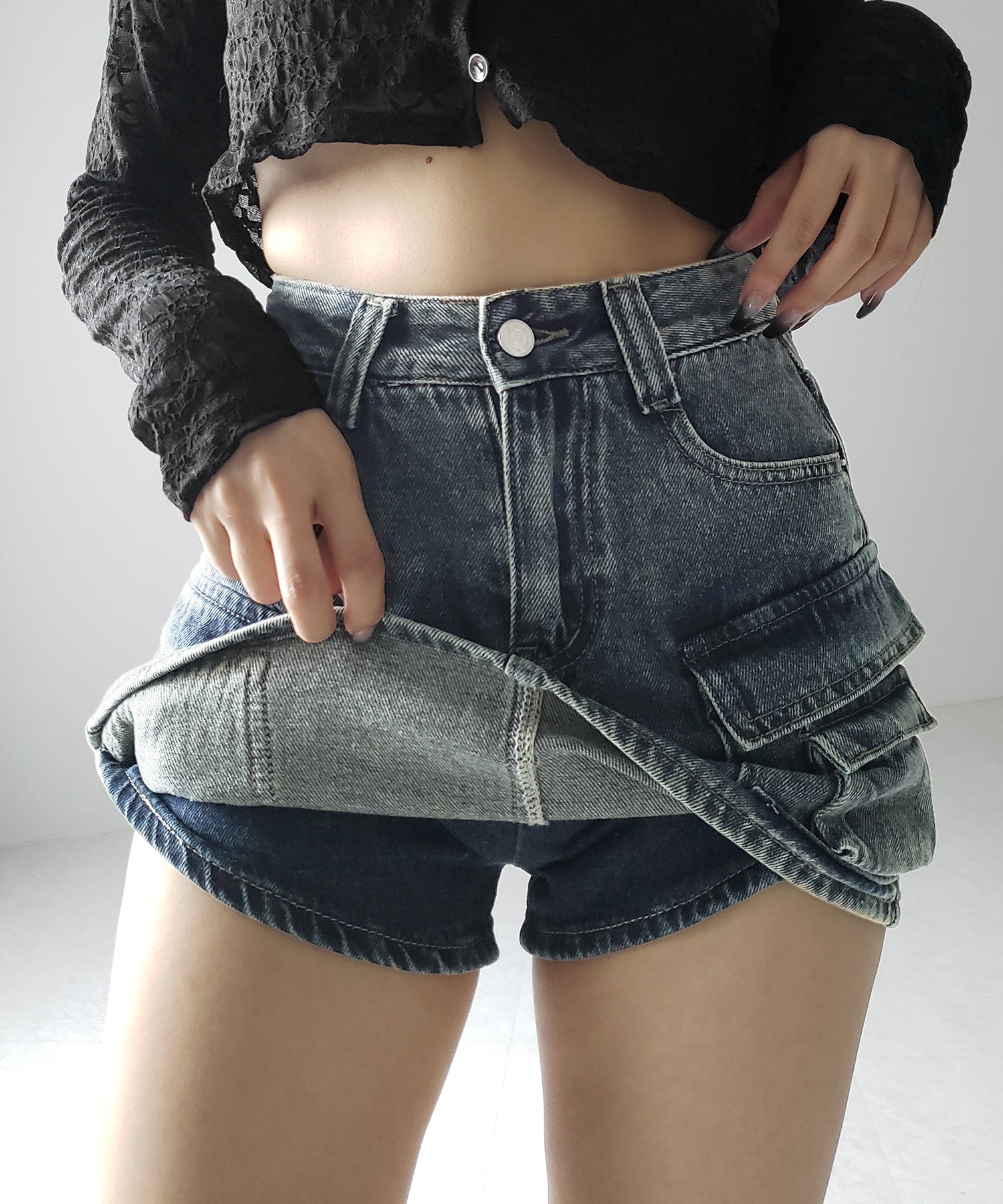【 ３size ／ ２color 】ダブルポケットヴィンテージカーゴデニムミニスカパン ／ double pocket vintage cargo denim mini skirt pants