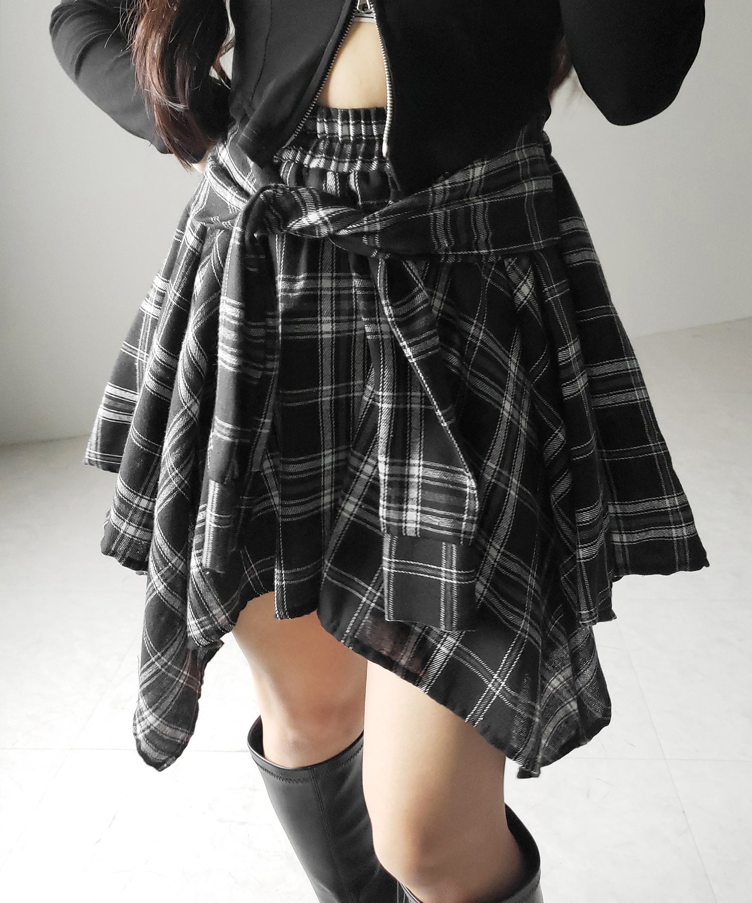 【 選べる２素材／インナーパンツ裏地付 】シャツレイヤードチェックミニスカート ／ shirt layered check mini skirt