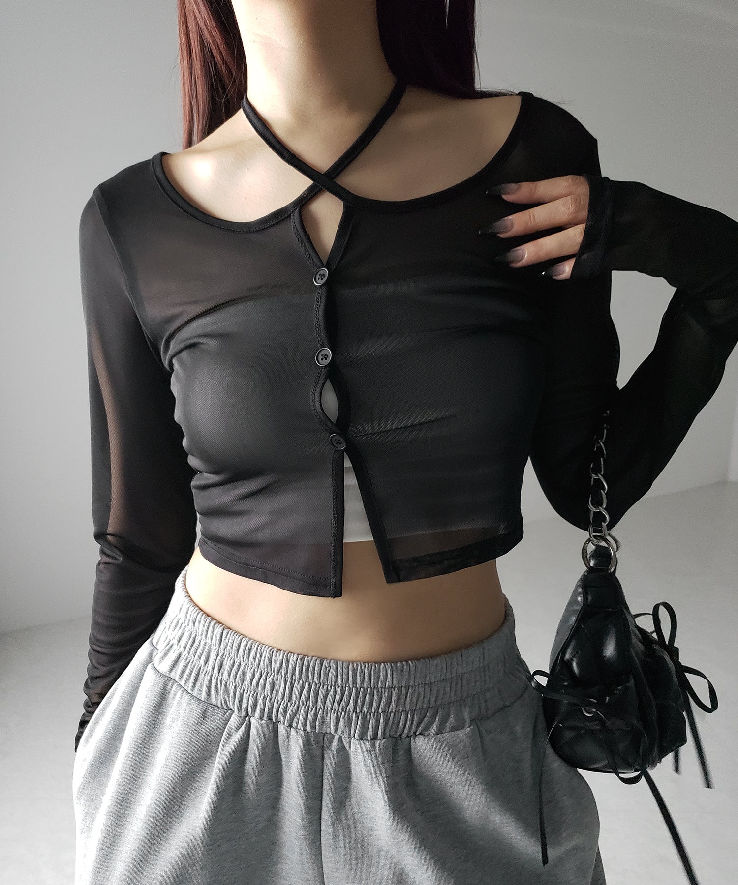【 ３color ／ ２WAY 】クロスストラップリボンシアーショートカーディガン ／ cross strap ribbon sheer short cardigan