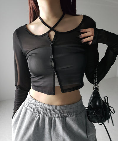 【 ３color ／ ２WAY 】クロスストラップリボンシアーショートカーディガン ／ cross strap ribbon sheer short cardigan