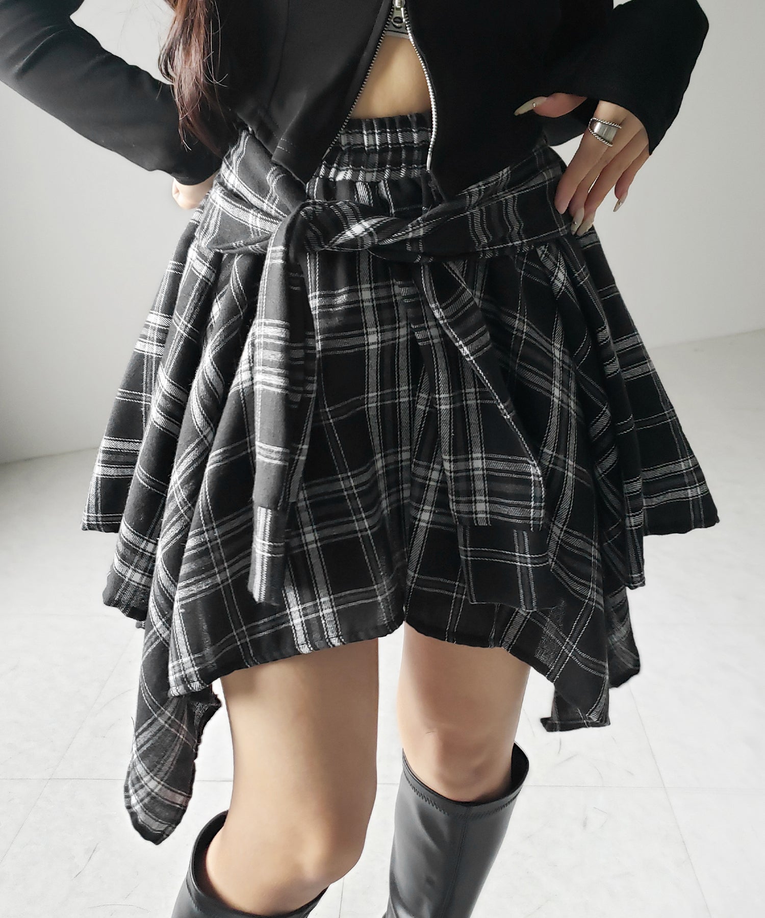 【 選べる２素材／インナーパンツ裏地付 】シャツレイヤードチェックミニスカート ／ shirt layered check mini skirt