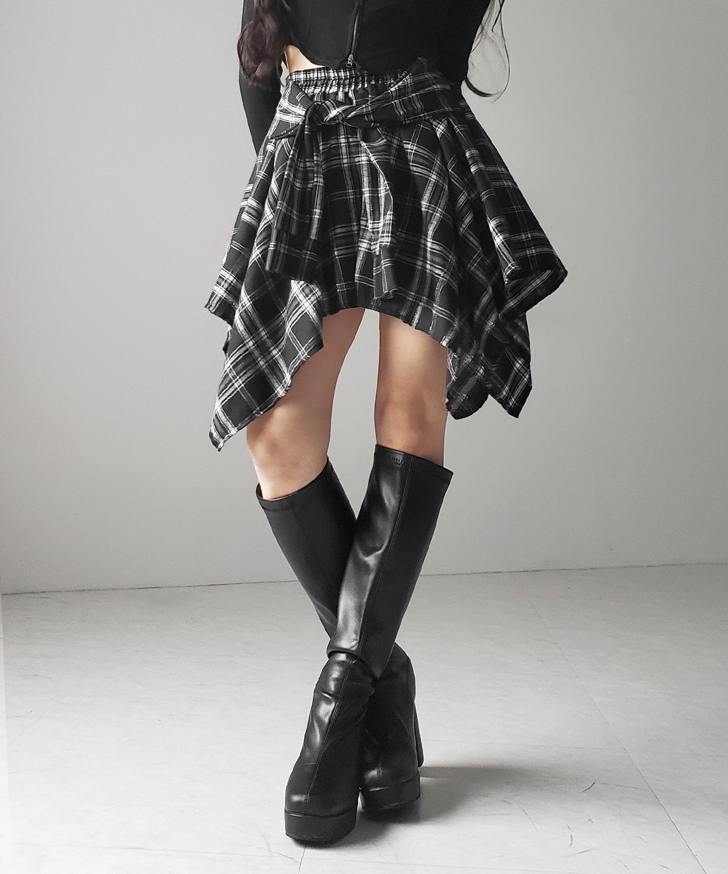 【 選べる２素材／インナーパンツ裏地付 】シャツレイヤードチェックミニスカート ／ shirt layered check mini skirt