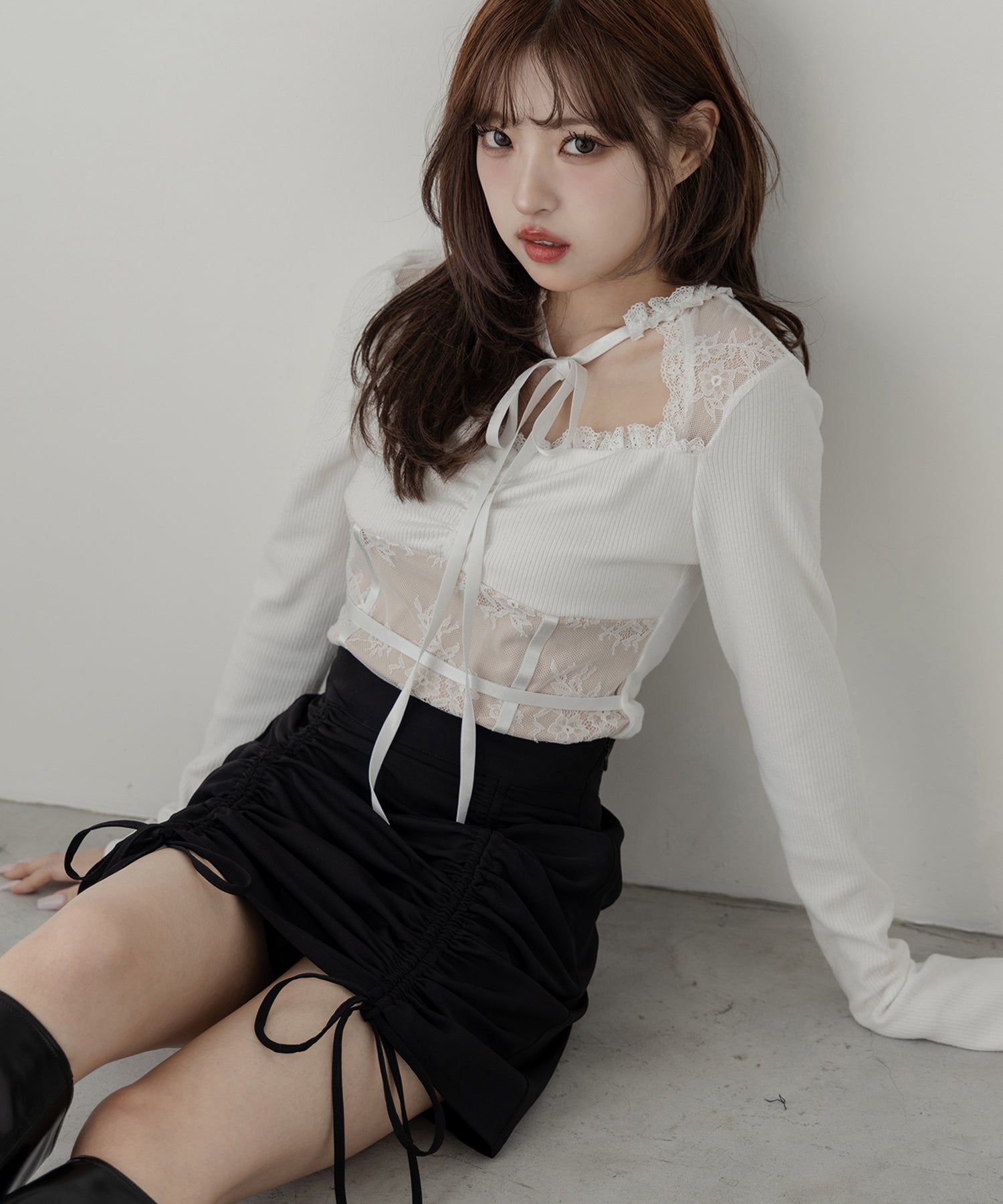 【 ２color 】チョーカーネックリボンレーシーカットソートップス ／ choker neck ribbon lacy cutsaw tops