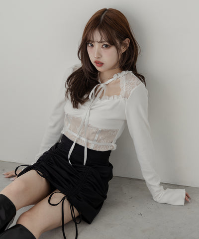 【 インパン裏地付 ／ セルフカット調節可能 】 ストラップダブルリボンシャーリングミニスカート ／ strap double ribbon shirring mini skirt