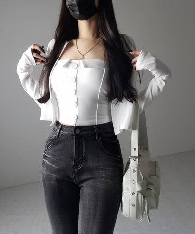 【 2点セット 】フロントボタンベアトップ ＋ クロップドカットソーカーディガン SET ／ front button bare top + cropped cutsaw cardigan SET