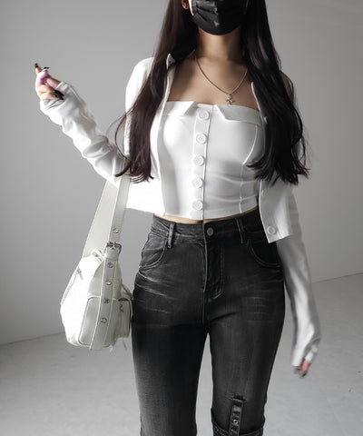 【 2点セット 】フロントボタンベアトップ ＋ クロップドカットソーカーディガン SET ／ front button bare top + cropped cutsaw cardigan SET