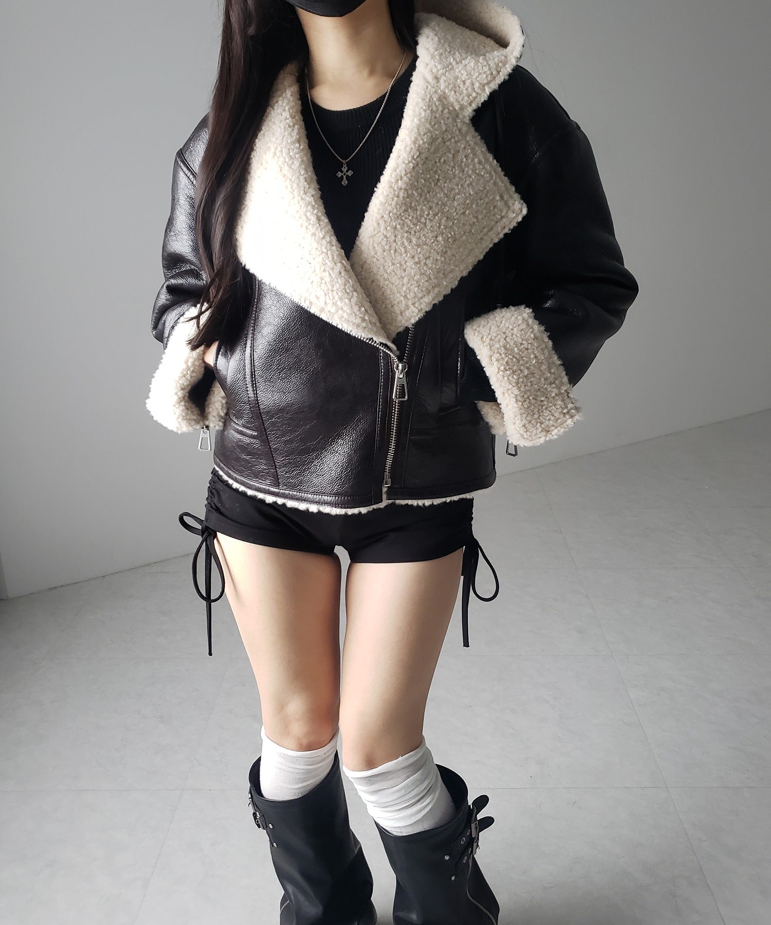 ヴィンテージレザーフーディボアムートンジャケット ／ vintage leather hoodie boa mouton jacket