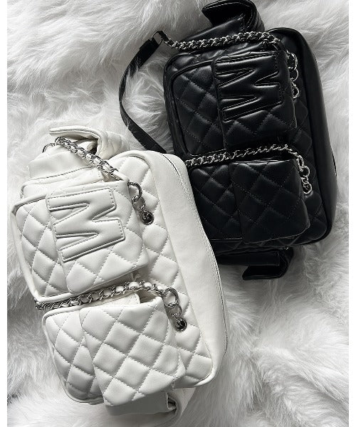 【 ２WAY 】Ｍロゴフェイクレザーキルティングチェーンショルダーバッグ ／ M logo fake leather quilting chain shoulder bag