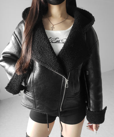ヴィンテージレザーフーディボアムートンジャケット ／ vintage leather hoodie boa mouton jacket