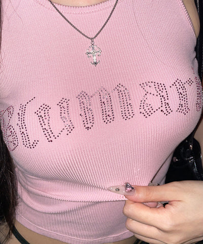 ラインストーンロゴリブタンクトップ／Rhinestone logo ribbed tank top