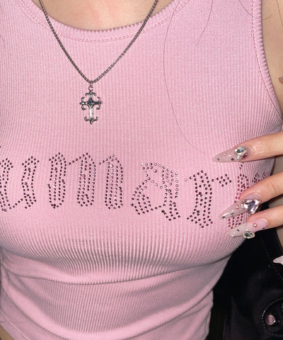 ラインストーンロゴリブタンクトップ／Rhinestone logo ribbed tank top