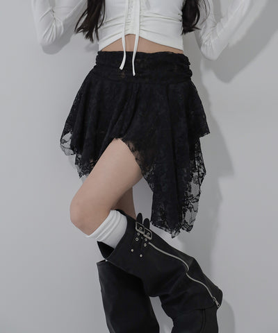 【 ２color ／ インパン裏地付】アシンメトリーフリルレースミニスカート ／ asymmetry frill lace mini skirt