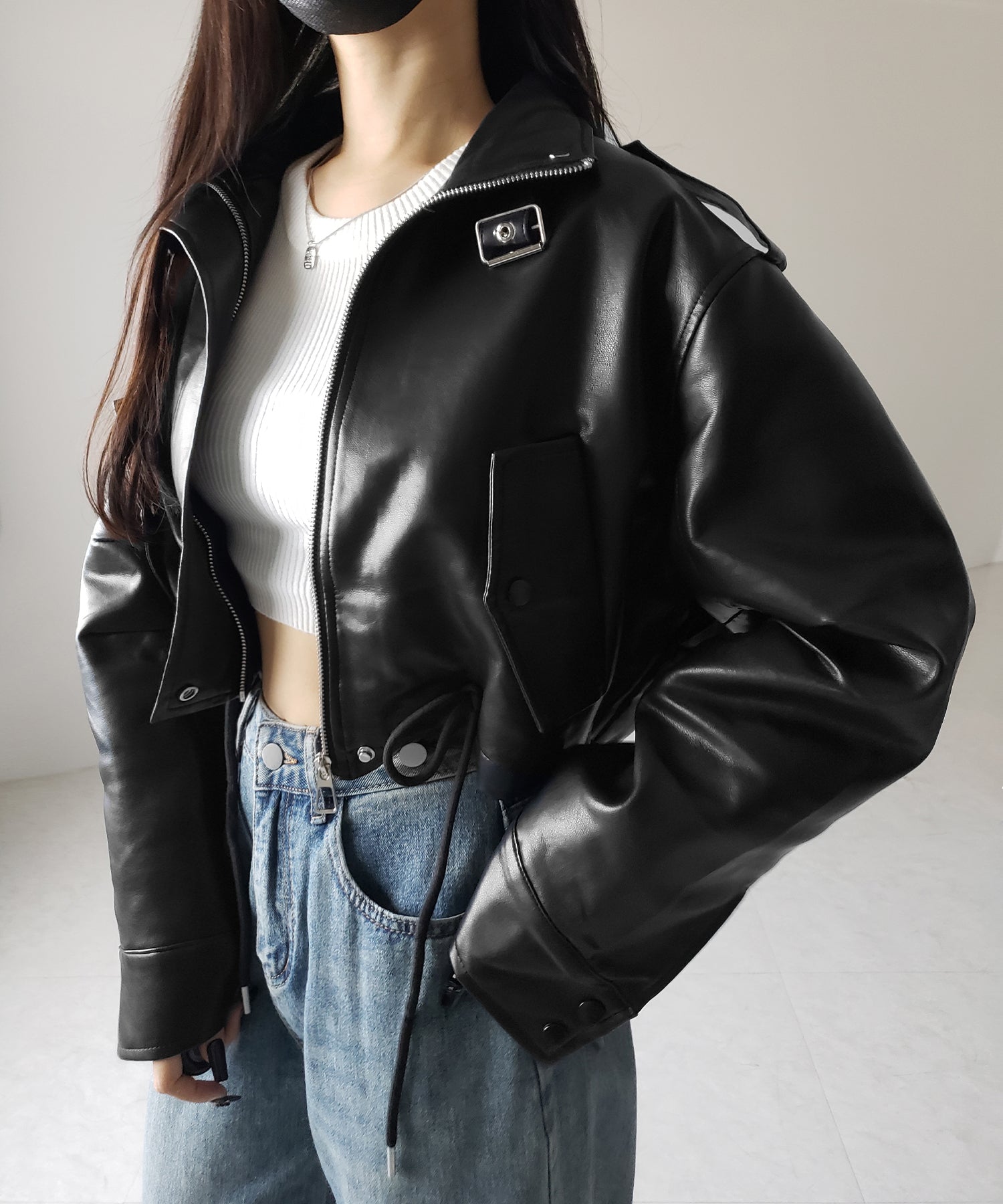 【 ２WAY 】スタンドカラーベルテッドフェイクレザーショートブルゾン ／ stand collar belted fake leather short blouson