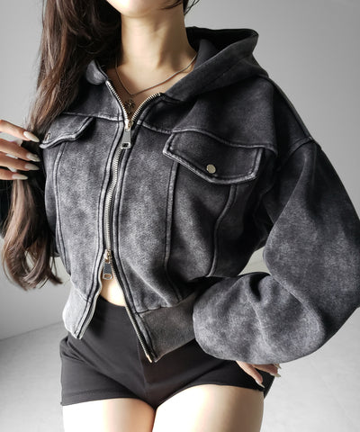 ピグメントダブルジップショートパーカー ／ pigment double zip short hoodie
