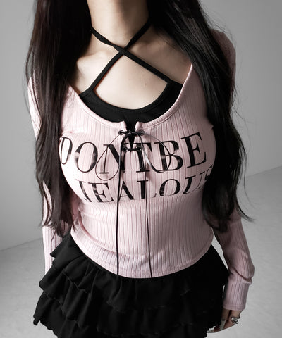 【 クロスネックにできる２WAY 】レースアップフェイクレイヤードロゴカットソートップス ／ laceup fake layered logo cutsew tops