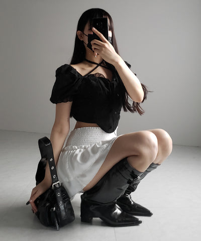 【 ２color ／ ２WAY 】フロントリボンクロスネック半袖シフォンブラウス ／ front ribbon cross neck short sleeve chiffon blouse