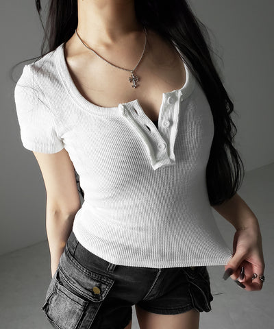 スクエアヘンリーネック半袖ピチＴシャツ ／square henley neck short sleeve pichi T-Shirt